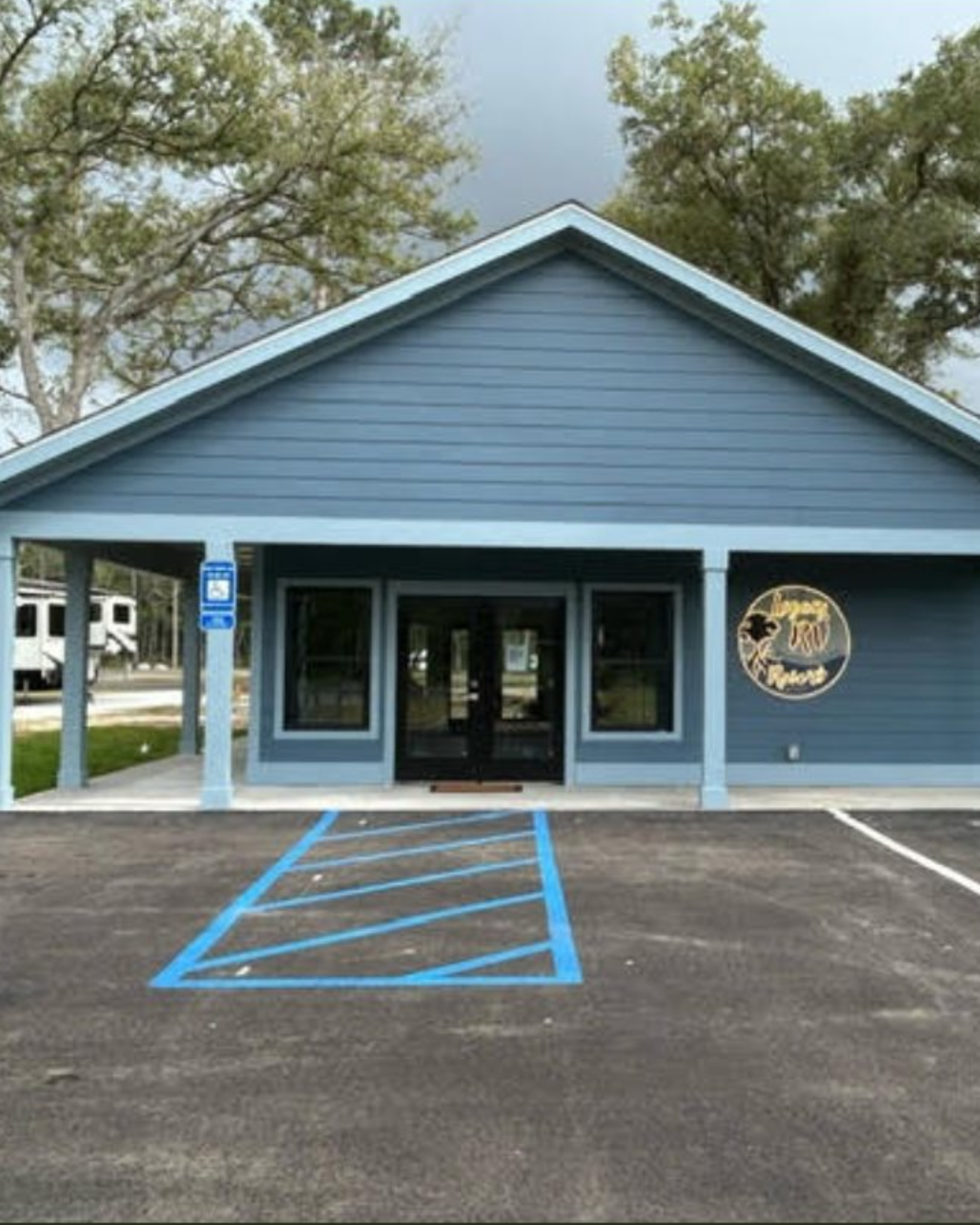 Legacy RV Resort office in Darien, Georgia, welcoming guests during Army Corps of Engineers RV Parks closed season