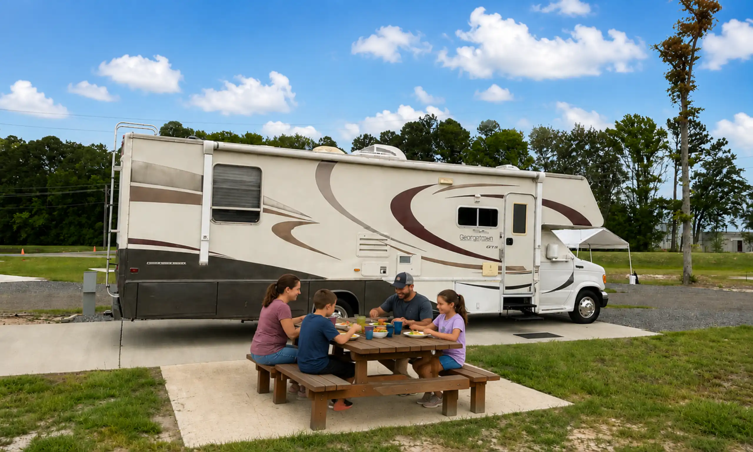 Family enjoying a summer picnic at Legacy RV Resort. Pull-through RV site with concrete pad, patio, and picnic table