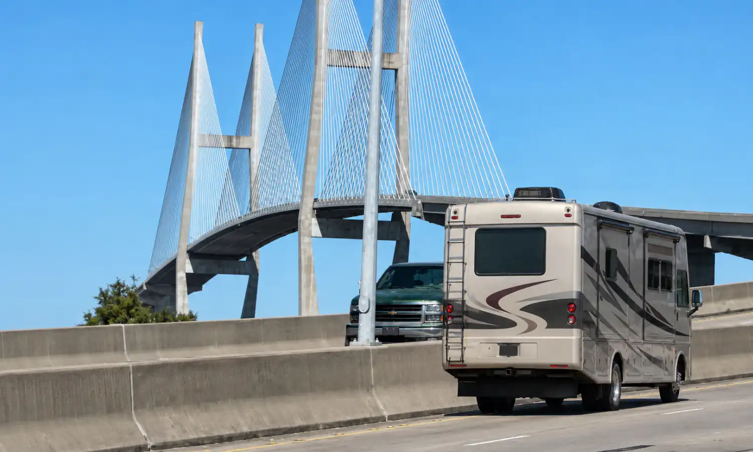 RV approaching the Sidney Lanier Bridge in Georgia’s Golden Isles driving toward Legacy RV Resort in Darien, GA